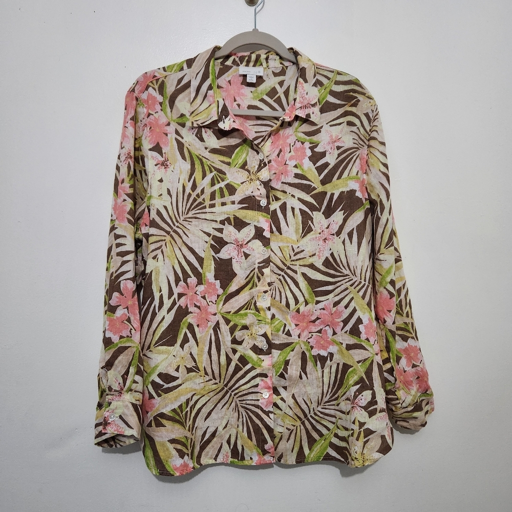 J.Jill Love Linen Large Petite Tropical Floral Button Down Shirt Long Sleeve LP